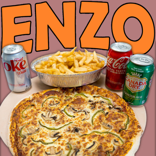Spécial Famille d'Enzo - Une pizza extra large, de grandes frites et 3 canettes de boisson gazeuse