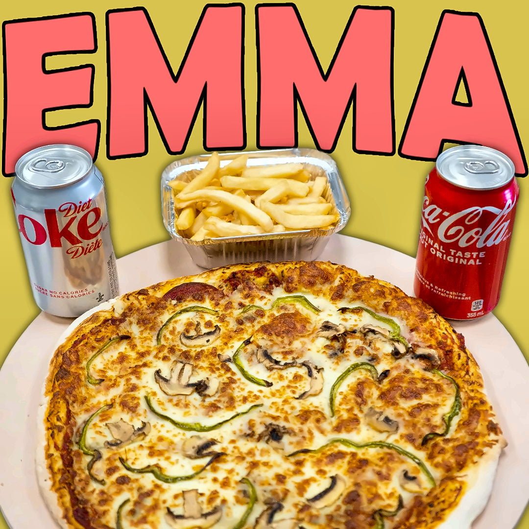 Emma's Family Special - One Medium Pizza, Medium Fries and 2 cans of soft drink