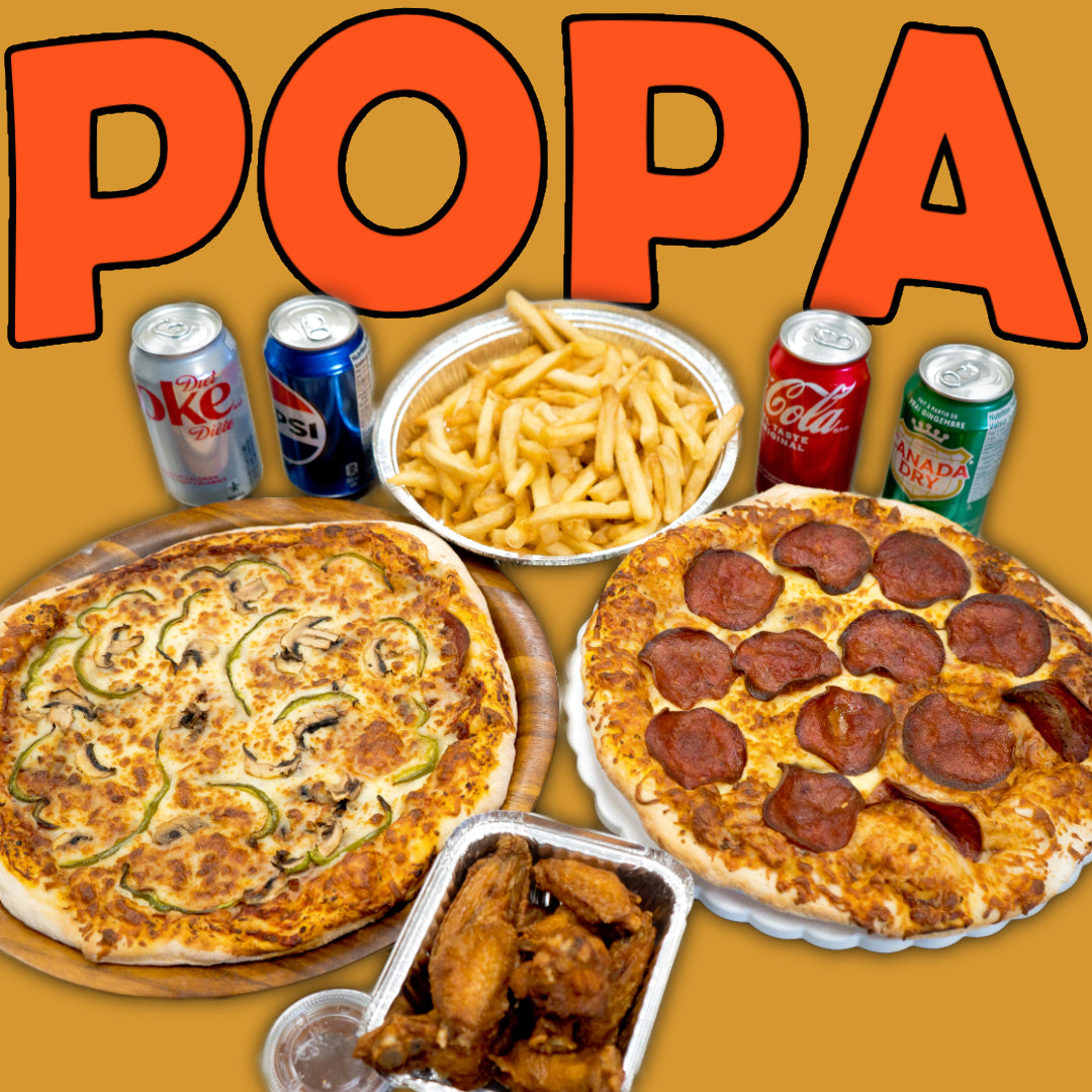Spécial Famille Popa - Deux Pizzas Extra Larges, Frites Familiales, 12 ailes de poulet et 4 canettes de boissons gazeuses