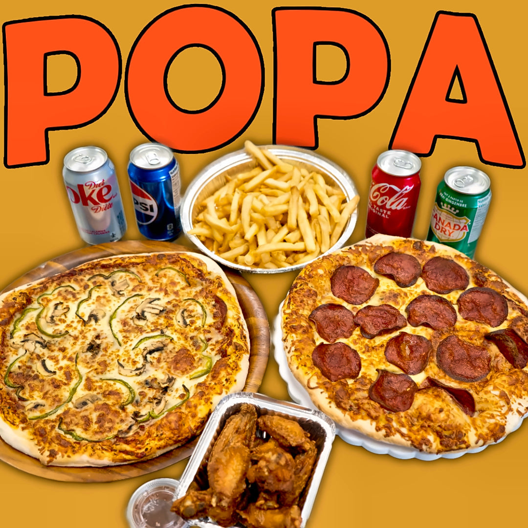 Popa's Family Special - Two Pizzas Extra Large, Family fries, 12 chicken wings and 4 cans of soft drinks
