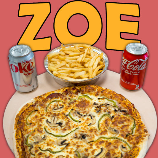 Spécial Famille de Zoé - Une grande pizza, de grandes frites et 2 canettes de boisson gazeuse