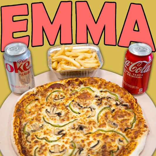 Emma's Family Special - One Medium Pizza, Medium Fries and 2 cans of soft drink