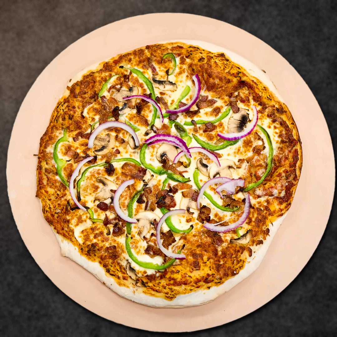 Quebec Pizza (pepperoni, mushrooms, onions, cheese, peppers, bacon)