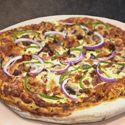 Quebec Pizza (pepperoni, mushrooms, onions, cheese, peppers, bacon)