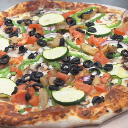 Garden Pizza (mushrooms, red onions, green peppers, zucchinis, marinated eggplants, tomatoes, black olives)