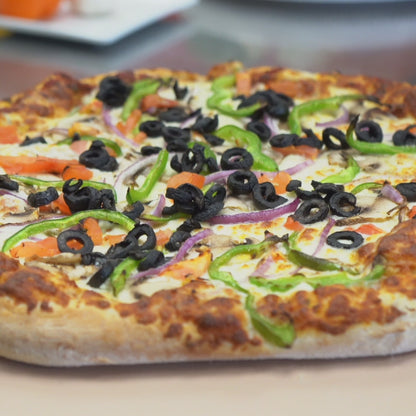 Vegetarian Pizza (mushrooms, green peppers, red onions, cheese, tomatoes, black olives)