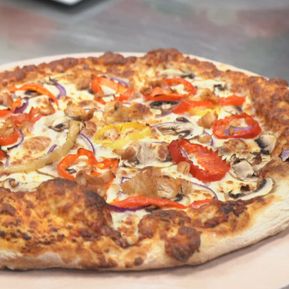 Chicken Piri Piri Pizza (spicy chicken, onions, mushrooms, cheese, banana peppers)