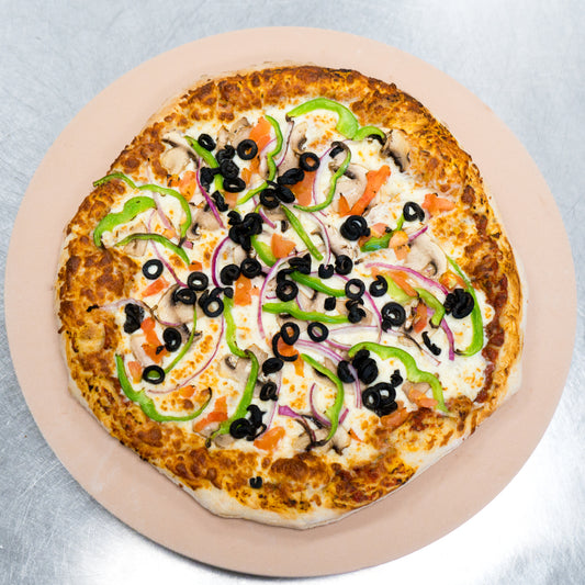 Vegetarian Pizza (mushrooms, green peppers, red onions, cheese, tomatoes, black olives)